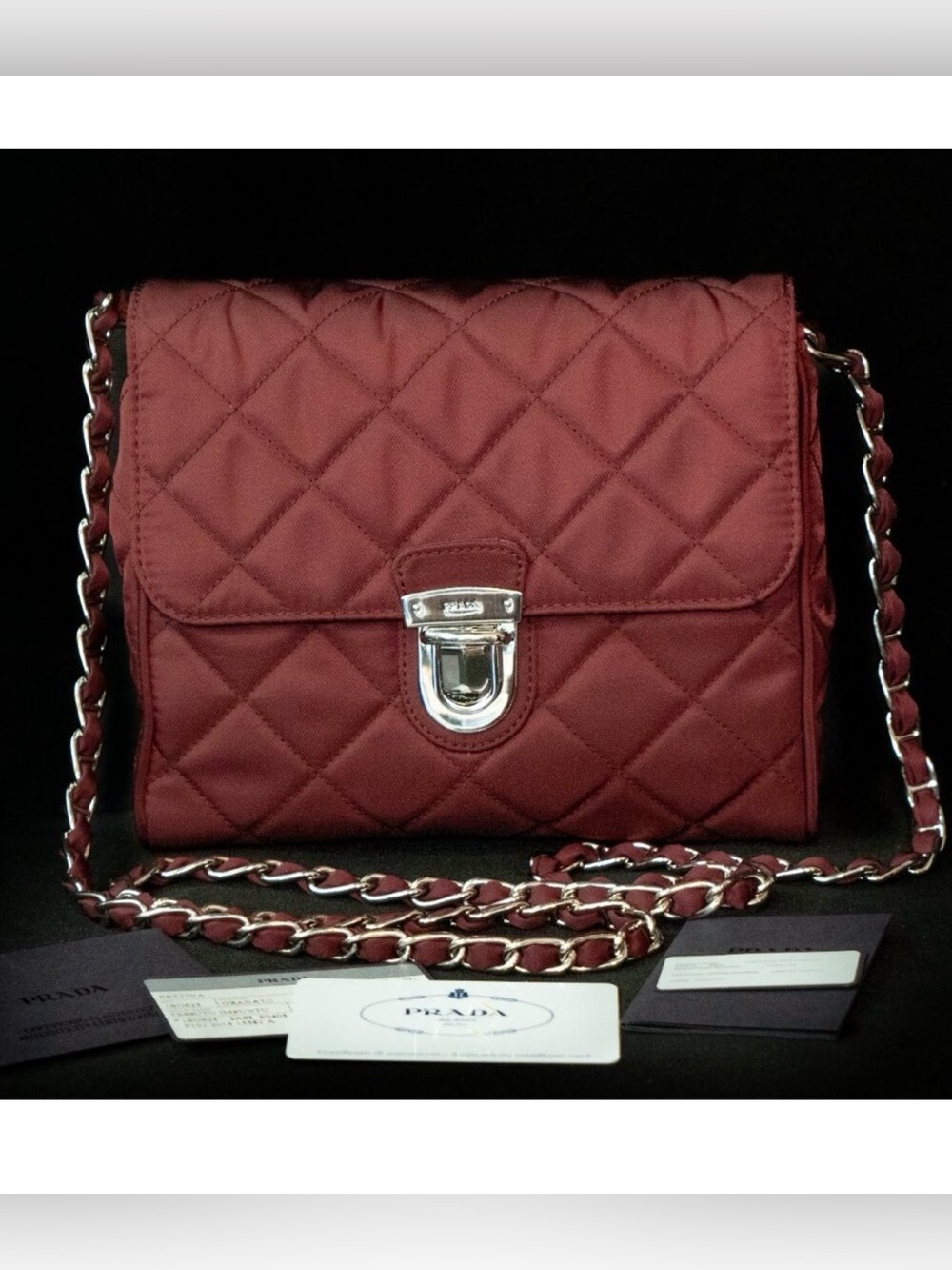 Prada Impuntu Tessuto Quilted Nylon Chain Crossbody Bag Granato w/Dust Bag Cards